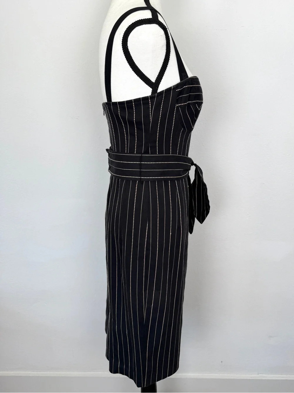 Vintage Nanette Lepore Size 6 Black Pinstripe Belted Corset Sheath Dress - Picture 11 of 13